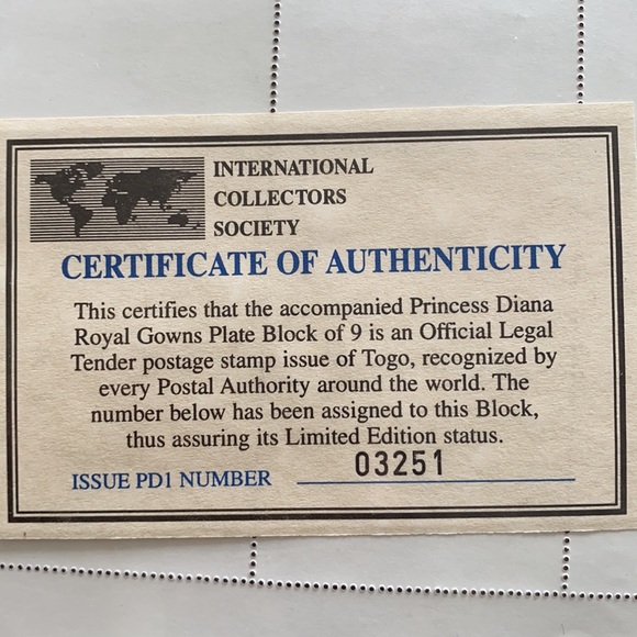 Princess Diana Royal Gown Plate Block Of 9 W/COA International Collector Society - Picture 2 of 3